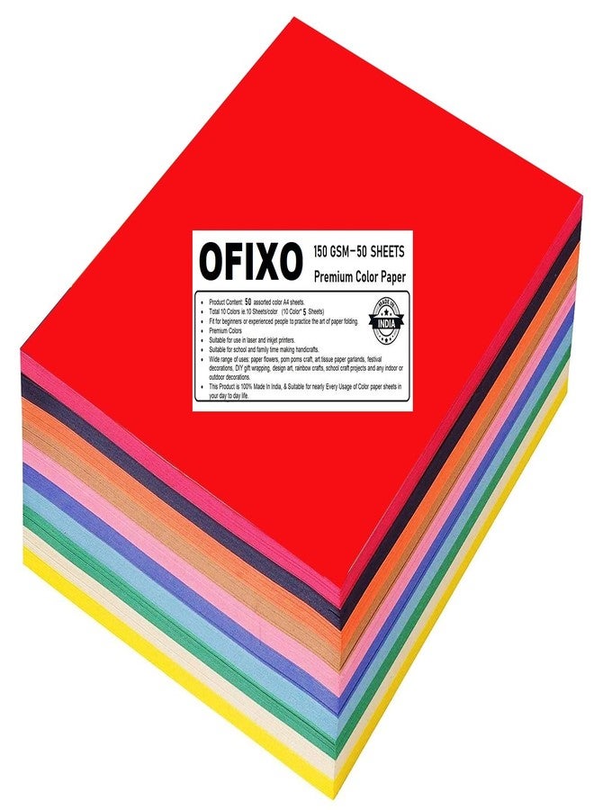 OFIXO 50pcs 150Gsm Color Sheets Printing Papers/Art and Craft paper A4 Sheets Double Sided Colored Origami Folding Wish Paper DIY Craft Smooth Finish Home, School, - Image 1
